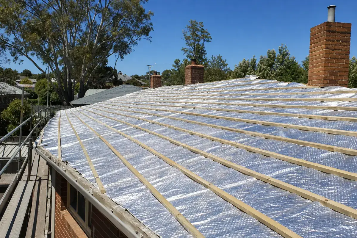 Reflective foil sarking laid over timber battens during re-roofing for a roof replacement in Bendigo